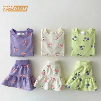 Детская футболка с короткими рукавами и рисунком вишни для маленьких девочек + комплекты одежды с короткой юбкой, летний костюм для маленьких девочек