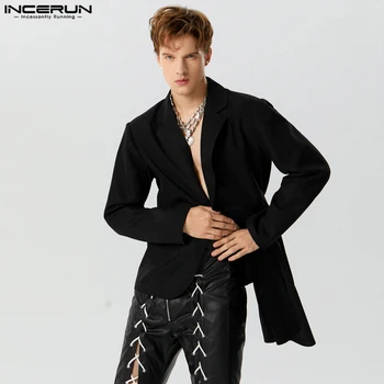Стильные, хорошо сидящие топы INCERUN, Красивый мужской блейзер с плиссированным неровным подолом, уличная одежда, однотонный костюм, пальто S-5XL