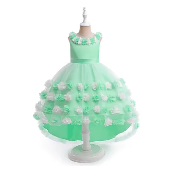Зеленое платье для фортепиано Hi-Lo с цветами ручной работы, бальное платье, Рождественская новогодняя официальная вечеринка, Детская одежда