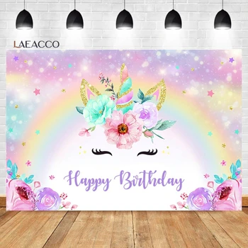 Laeacco Волшебный радужный фон с единорогом, блестящее звездное небо, акварельный цветочный фон для портретной фотосъемки детей на день рождения