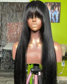 Бразильский парик из человеческих волос с челкой, полностью обработанный машинным способом, парики с прямой бахромой для женщин, 30-дюймовый бесклеевой парик Remy Hair