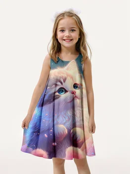 Очаровательное платье принцессы с милым котом с 3D-принтом для девочек - без рукавов, повседневное, идеально подходящее для летнего детского платья