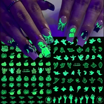 3D Светящаяся Наклейка для ногтей Паутина Череп Хэллоуин Черный Белый Светящийся в Темноте DIY Nail Art Слайдер Фольга Татуировки Наклейки JICY