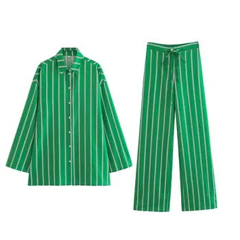 Рубашка и брюки в зеленую полоску, женский комплект из 2 брюк, блузка в пижамном стиле, подходящая одежда для женщин 2023