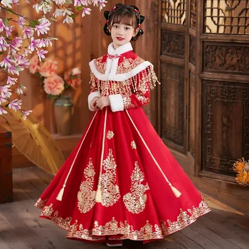 2023 НОВОЕ китайское традиционное платье Hanfu для девочек, платье принцессы на китайский Новый год, костюм Тан, плотное зимнее платье