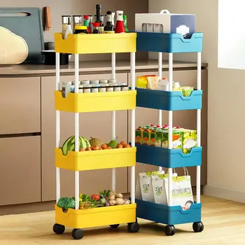 Корзина для хранения книг, Органайзер для овощей и фруктов, Универсальная 4-уровневая подвижная полка для хранения, Компактная тележка с поворотом на 360 градусов Для кухни