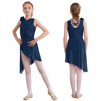 Детское платье для лирических танцев для девочек, Балетное гимнастическое трико, танцевальная одежда для латиноамериканских танцев Ча-ча-ча, блестящий костюм для выступлений на фигурном катании с пайетками
