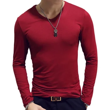 B8656 Мужская футболка с круглым вырезом и длинным рукавом, Однотонные футболки из молочного шелка, мужская одежда, универсальный Тонкий топ