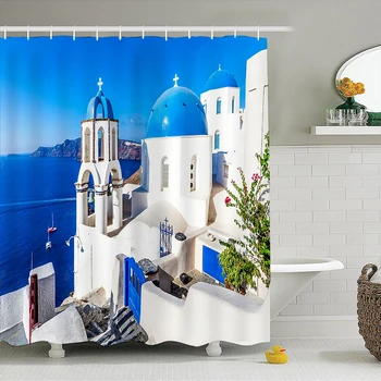 Комплект штор для душа Gaslight Gatekeep Girlboss Santorini Греция с люверсами и крючками для декора ванной комнаты