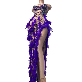 Певец, участник шоу роскошный сценический костюм ночной клуб бар костюм Танцевальный вечер разрезом, блестками длинное фиолетовое платье перо