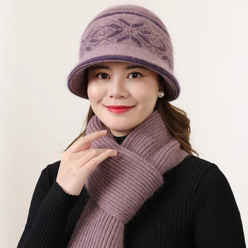 Зимняя шапка для женщин, Толстая теплая вязаная шапка с добавлением меха, комплект шарфов, Элегантная модная шапка-ведро из кроличьего меха, подарок дамам