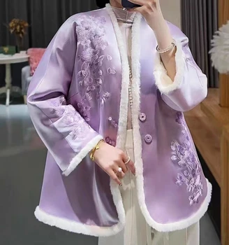 Женская зимняя новинка в китайском стиле, свободная винтажная ацетатная вышивка + искусственная шерсть, двустороннее носимое толстое пальто M-XL