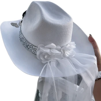 Ковбойская шляпа, сияющая блестками шляпа с вуалью, элегантная шляпа, реквизит для фотосессии, блестящий для вечеринки с переодеваниями, сценических танцев 10CF