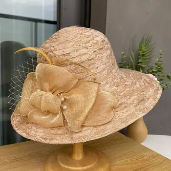Летняя женская Шляпа-ведро с цветочным декором из искусственного жемчуга, Элегантная Широкополая Кружевная Шляпа-чародейка