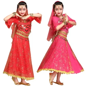 Костюмы для танца живота для девочек Новый Костюм для Индийского танцевального представления Детское Праздничное сценическое платье Детский набор для танца живота