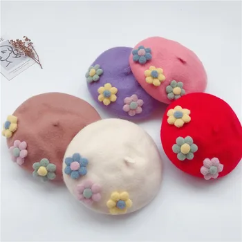 Детские береты с цветами, кепки, яркая плюшевая детская шляпа художника Macarone, 3D Цветы, береты, шляпы