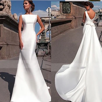 Сексуальные атласные свадебные платья русалки со съемным длинным шлейфом без спинки, сшитые на заказ Свадебные платья Robe Re Mariee White для женщин