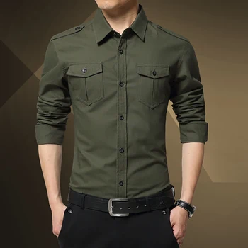 Мужская рубашка в стиле милитари, одноцветное изделие, приталенный крой, двойные карманы, топы с лацканами в стиле ретро, длинный рукав, повседневная универсальная простая модная блузка