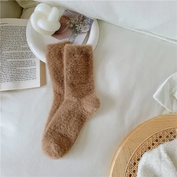 Женские носки, утолщенные коралловые бархатные носки карамельного цвета, теплые однотонные носки в пол, носки средней длины, носки для сна