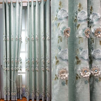 Светло-зеленые вышитые шторы Жаккардовая синельная занавеска для гостиной, столовой, затемняющая Корейская современная затемняющая занавеска на заказ