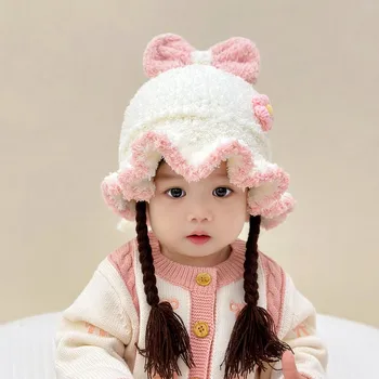 Шапка для маленьких девочек в осенне-зимнем стиле, милая и модная шапочка принцессы для девочек, вязаная плюшевая шапочка для маленьких девочек
