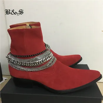 Черная и уличная роскошная цепочка с кисточками, красные замшевые ботинки в стиле панк на танкетке с острым носком, эксклюзивные Ботинки дизайнерского бренда