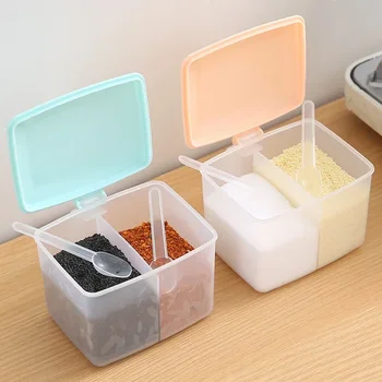 Кухонная коробка для приправ в двойном стиле, Пластиковая кастрюля для приправ, один квадратный ящик для хранения приправ с ложкой, кастрюля для приправ для барбекю