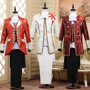 Мужской классический костюм из пяти предметов (куртка + брюки + жилет + белый воротничок + рукав в цветочек) Костюм дворцового принца в стиле ретро для выступлений