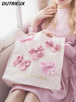 Летние осенние женские сумки, модные сумки в японском стиле, милая сумочка ручной работы, украшенная бантом, Розовая холщовая сумка на одно плечо
