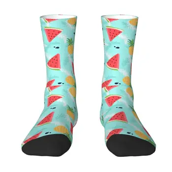 Носки с забавным принтом в виде ананаса и арбуза для мужчин и женщин, эластичные летние осенне-зимние носки для экипажа