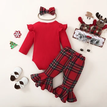 Комплект одежды Chrismtas для новорожденных девочек, комбинезон с длинным рукавом в рубчик и оборками, боди, Клетчатые брюки-клеш, 3 предмета Осенней одежды
