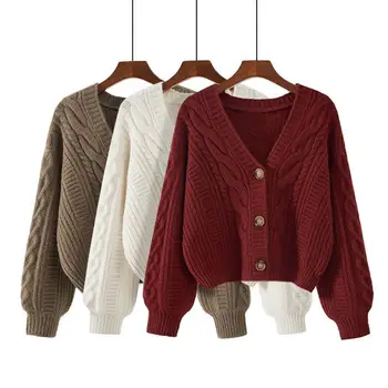 Новый вязаный элегантный кардиган для женщин, V-образный вырез, длинный рукав, однобортный женский свитер, Винтажные офисные женские свитера, осень