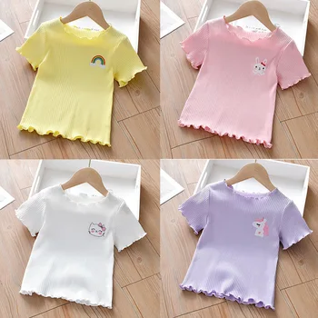 Летняя футболка, нижняя рубашка с короткими рукавами для девочек, однотонные топы, модные повседневные футболки для маленьких девочек, детская одежда, дышащая ткань