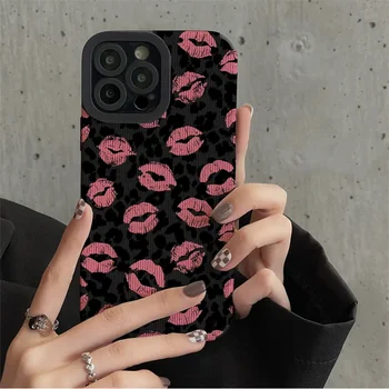 Сексуальный Розовый Чехол Для Телефона С Леопардовым Принтом Lip Kiss Для iPhone 15 14 13 12 11 Pro Max 7 8 Plus X XS XR Мягкая Силиконовая Оболочка Leopard Cover
