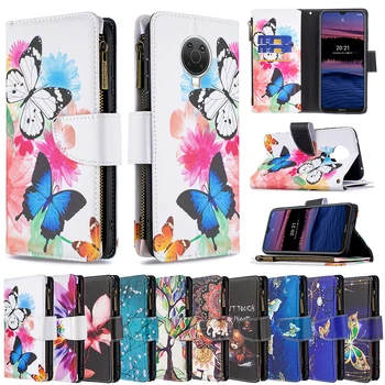 Для Nokia G20 G 20 Кожаный бумажник на молнии с откидной крышкой и рисунком Фиолетовая бабочка Дерево цветок слон Чехол для телефона