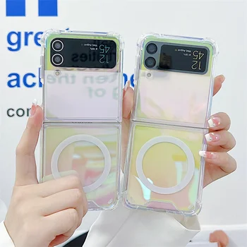Прозрачный Лазерный Магнитный Чехол Для Телефона Samsung Galaxy Z Flip 5 4 3 Cover Cute For Z Flip4 Flip5 Flip3 5G Magsafe Силиконовые Чехлы