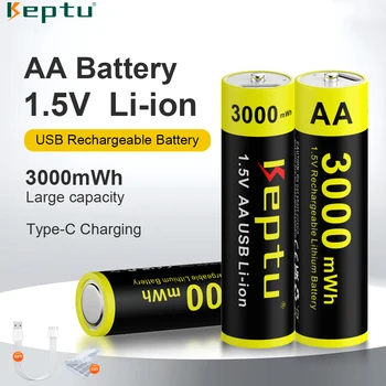 Литий-ионная аккумуляторная батарея KEPTU 1.5В мощностью 3000 МВтч, литиевые батареи типа АА Типа C, заряжающиеся с помощью USB-кабеля 4-в-1