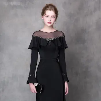 YNQNFS IED006 С оборками, расшитыми бисером, сексуальное вечернее платье Русалки, элегантное черное платье с длинными рукавами