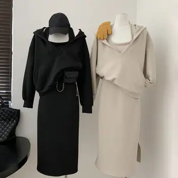 Модное платье с капюшоном, комплект одежды, женская куртка с коротким рукавом, топы и приталенное платье, осенний модный офисный женский костюм с принтом 2023 года