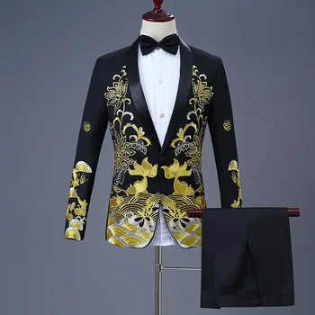Роскошный бронзовый бархатный костюм из 2 предметов (куртка + брюки) Комплект Мужской Блестящий праздничный костюм Мужской смокинг для выступления певца на сцене Мужской костюм