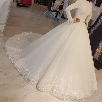 2023 Белые Арабские мусульманские свадебные платья Принцессы с высоким воротом и длинными рукавами, кружевные аппликации, свадебные платья Robe De Mariage