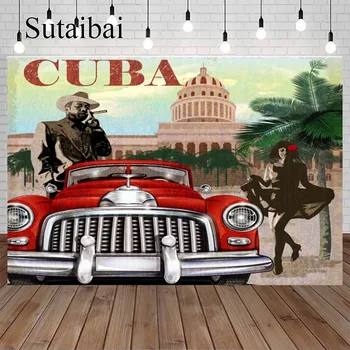 Путешествие Куба Гаванская сигара 30-40-х годов Винтажный красный автомобиль Пальмы Фон для фотосъемки Пейзажный фон