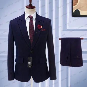 2023 Новые мужские Темно-синие Свадебные брюки в красную полоску, комплект из двух предметов, мужские Блейзеры, пальто, брюки, Модные Облегающие костюмы