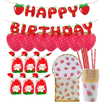 1 комплект клубника одноразовая посуда бумага с Днем Рождения баннеры конфеты мешки для детей клубничный день рождения украшения питания 