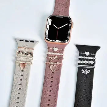 Металлический Ремешок для часов с орнаментом, Декоративное Кольцо для Apple, Бриллиантовое Украшение для браслета iwatch, Силиконовый Ремешок, Ювелирные Аксессуары