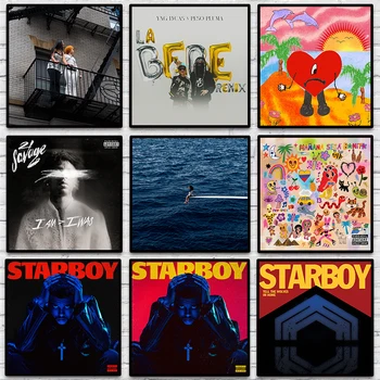 мировые музыкальные хиты, обложка альбома Kanye West The Weeknd Bad Bunny, скандинавские принты, настенное искусство, эстетические плакаты для бара и кафе, живопись на холсте