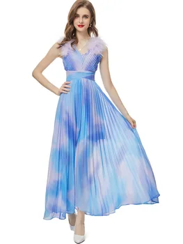 Женское вечернее платье для вечеринки, летняя мода, V-образный вырез, без рукавов, лоскутное шитье из перьев, плиссированное платье для подиума, Элегантная леди, облегающее