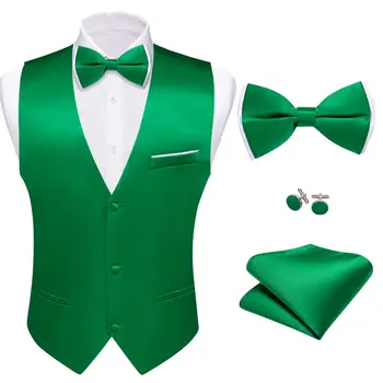 Жилет для мужчин, комплект с бабочкой, Шелковый Зеленый Однотонный свадебный жилет с V-образным вырезом, мужская куртка без рукавов Barry Wang