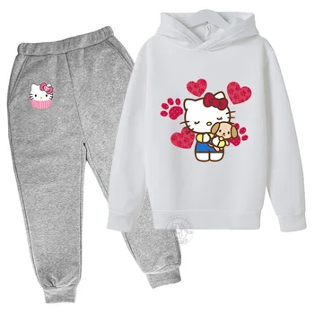 Осенне-зимний модный костюм Hello Kitty из милой мультяшной серии Kawaii для девочек, спортивный костюм для отдыха