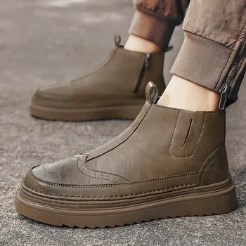 2023 Новая мода, универсальная однотонная мужская обувь на молнии с темпераментом, мужские ботинки, модные резиновые ботильоны без застежки